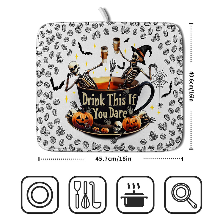 Funny Skull Coffee Mat for Table Counter Skeleton Dish Drying Mat Holiday Decoration for Home Coffee Bar