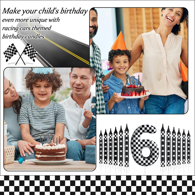 13 Pcs Racing Cars Themed Birthday Candles 12 Black and White Race Number 6 Checkered Candle Cake Topper for Racing Car Party Decoration Supplies (13 Count)