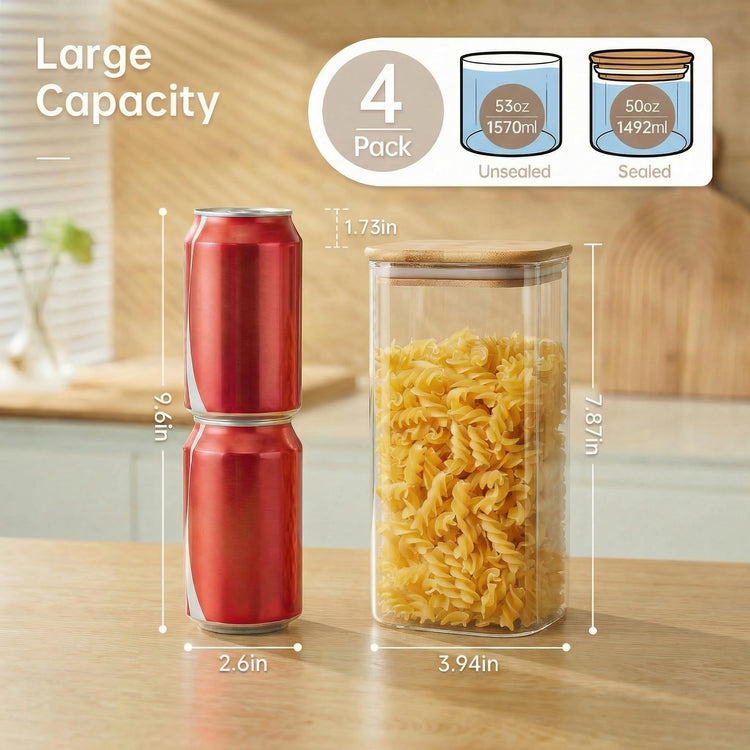 53 oz Square Glass Food Storage Containers with Airtight Bamboo Lids (4 Count)