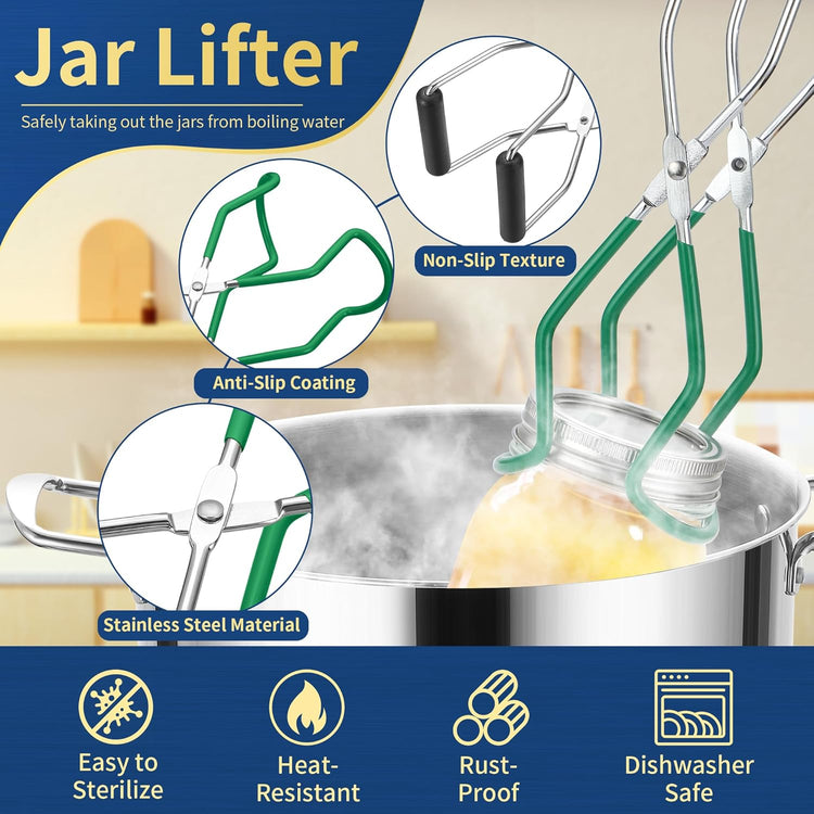 Canning Supplies Starter Kit,Canning Kit for Beginners of 11 with Rack, Jar Lifter,Funnel,Wrench,Tongs,Lid Lifter,Bubble Popper,Labels,ladle,Measuring Spoon-Deep Green