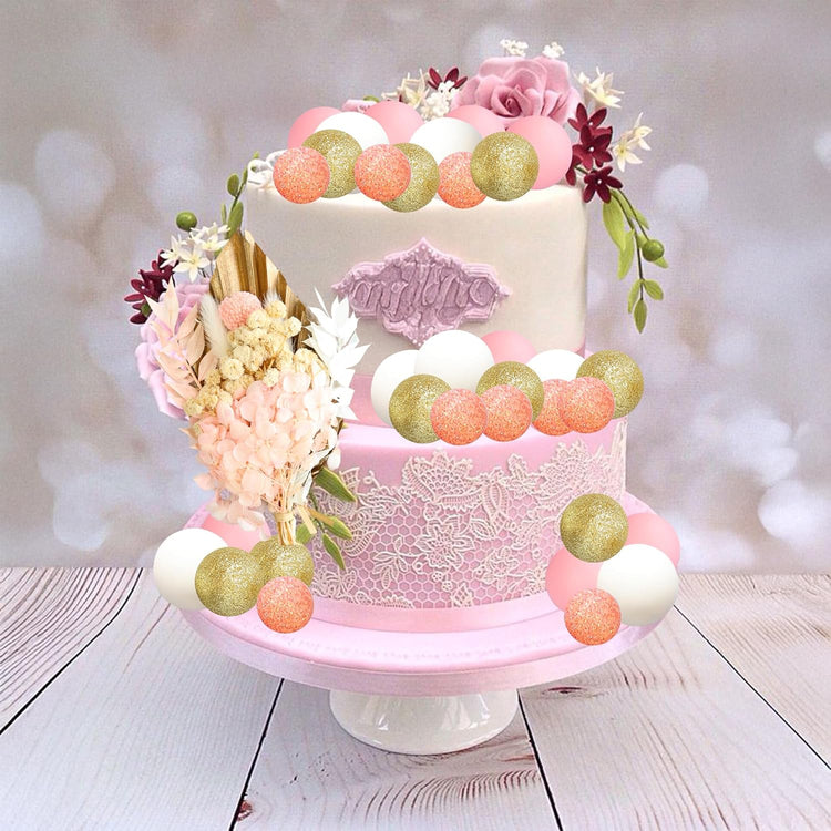 Gyufise 21 Pack Flower Boho Cake Topper Ball Cake Decorations Palm Leaves Plants Cake Decor for Girl Bohemian Princess Theme Wedding Baby Shower Birthday Party Supplies Gold Pink