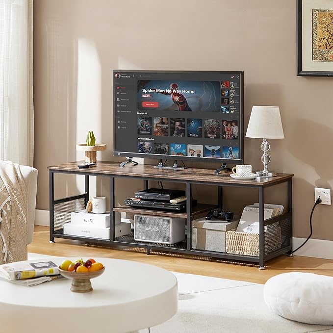 VECELO TV Stand with Power Outlets for Televisions up to 65Inch, 55" Media Entertainment Center with Charging Station 3-Tier Open Storage Shelves with Metal Frame for Living Room/Bedroom,Brown