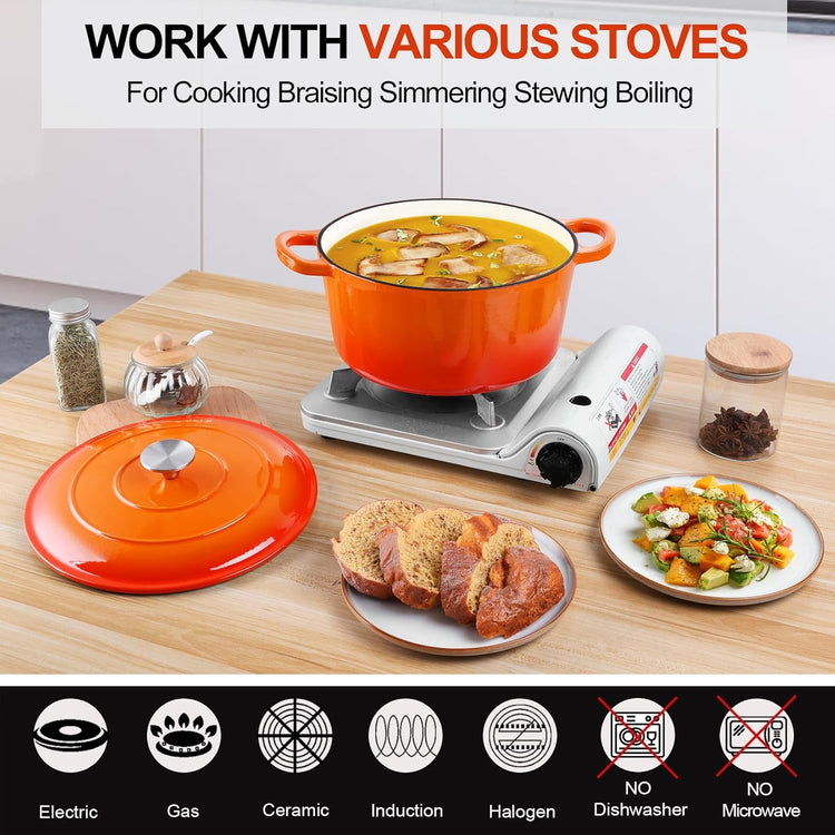 P&P CHEF 6QT Enameled Dutch Oven, Cast Iron Dutch Oven Pot with Lid for Bread Baking, Enameled Casserole Pot for Roasting Braising Stewing Frying Simmering, Various Stoves & Easy Clean, Orange - Nestoria