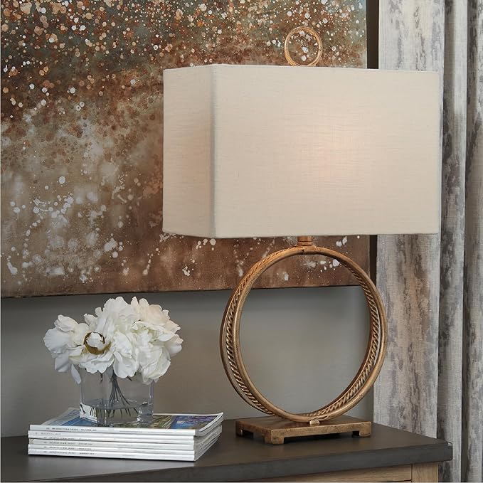 Signature Design by Ashley Mahala Traditional 28" Braided Metal Round Single Table Lamp, 3-Way Switch, UL Listed, Rectangular Shade, Antique Gold Finish