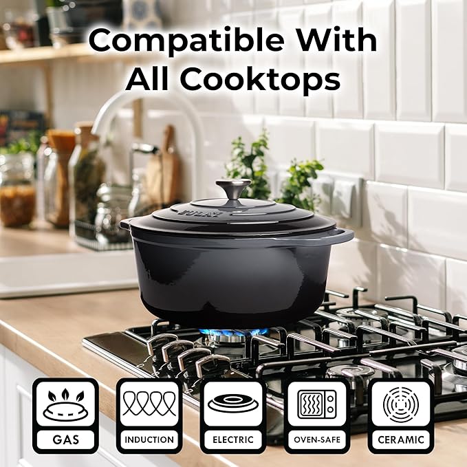 Zulay Kitchen 6 Quart Enameled Cast Iron Dutch Oven Pot with Lid – Premium Durability & Oven Safe up to 500°F – Heavy Duty Cookware Perfect for Bread Baking, Stews, Braising & Roasting – Gray