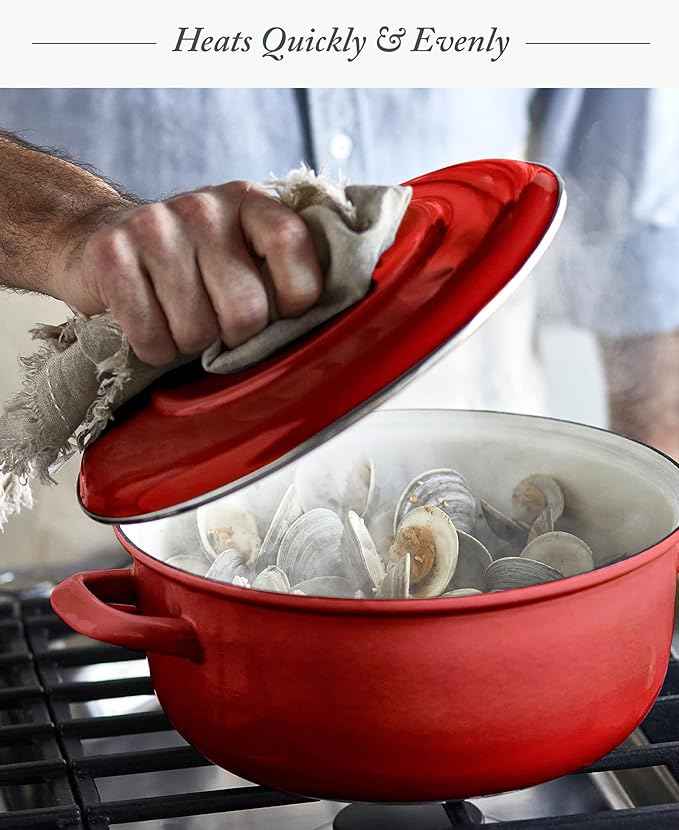 Merten & Storck 7QT Round Dutch Oven Casserole Pot with Lid, European Crafted Enameled Iron Stockpot, Induction & All Cooktops, Braising, Stews, Roasting, Slow Cooking, Sourdough, Foundry Red