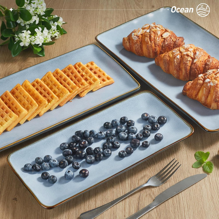 famiware Serving Platter, Rectangular 15.67/14.1/12.6inch Serving Dishes for Entertaining, Reactive Glaze, Stoneware Serving Trays for Party, Food, Turkey, Snack, Cheese, Ocean Series, Blue