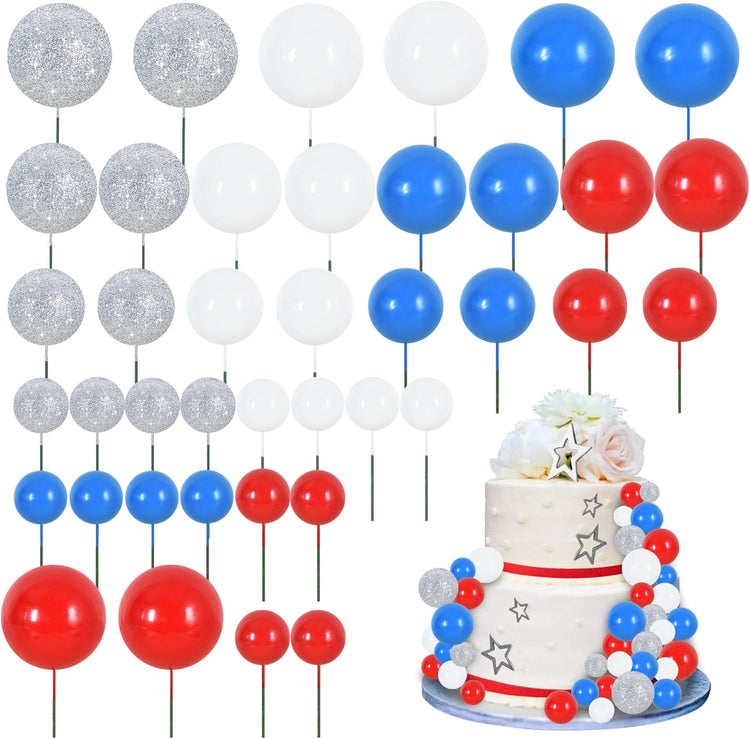 BEISHIDA 40 Pcs Foam Ball Cake Toppers with Sticks Mini Cake Decorations for Birthdays, Weddings, Baby Showers, DIY Baking Supplies, Anniversary Party (Red, Blue, White,Silver)