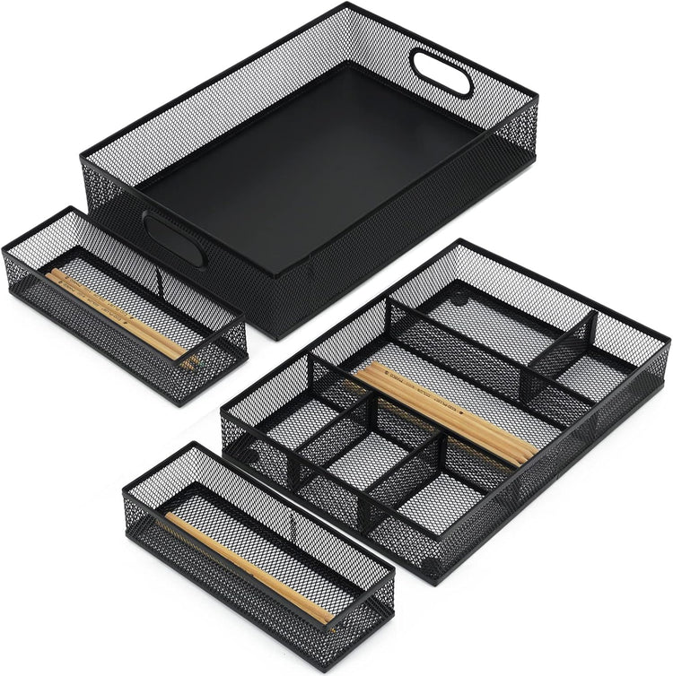Neudeco Desk Drawer Organizer with 6 Adjustable Dividers, Metal Pen organizer for desk drawer,Mesh Office Desk Drawer Organizer Tray for office supplies (Pack 4, Black)