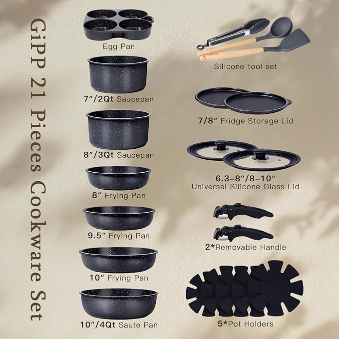 GiPP Ceramic Pots and Pans Set Non Stick, Nonstick Detachable Handle Cookware Sets, Healthy Non Toxic PFAS PFOA & PTFE Free, Dishwasher &Oven Safe, Induction Kitchen Pot and Pan, 21 Piece Grey