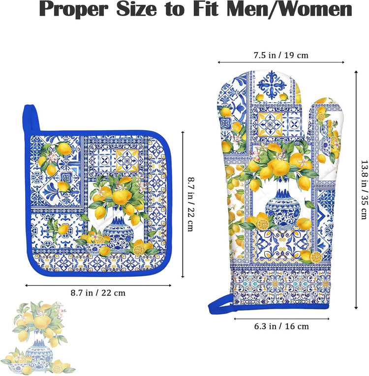 Yellow Lemon Oven Mitts and Pot Holders Sets 4Pcs, 100% Cotton Heat Resistant, Extra Long Oven Gloves Potholder for Kitchen Cooking Baking Decoration