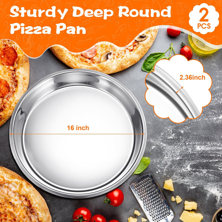 2 Pcs 16 Inch Large Deep Pizza Pans Stainless Steel Pizza Tray Round Oven Tray Rust Proof Reusable Bakeware Cooking Pan Dishwasher Safe for Baking (2 Count)
