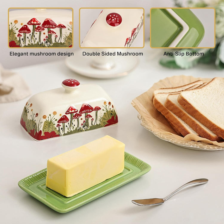 Fungi Fun Mushroom Butter Dish With Lid For Countertop Ceramic Butterdish, Red Mushroom Butter Container, Butter Tray Large Butter Dish Covered (White, Standard)