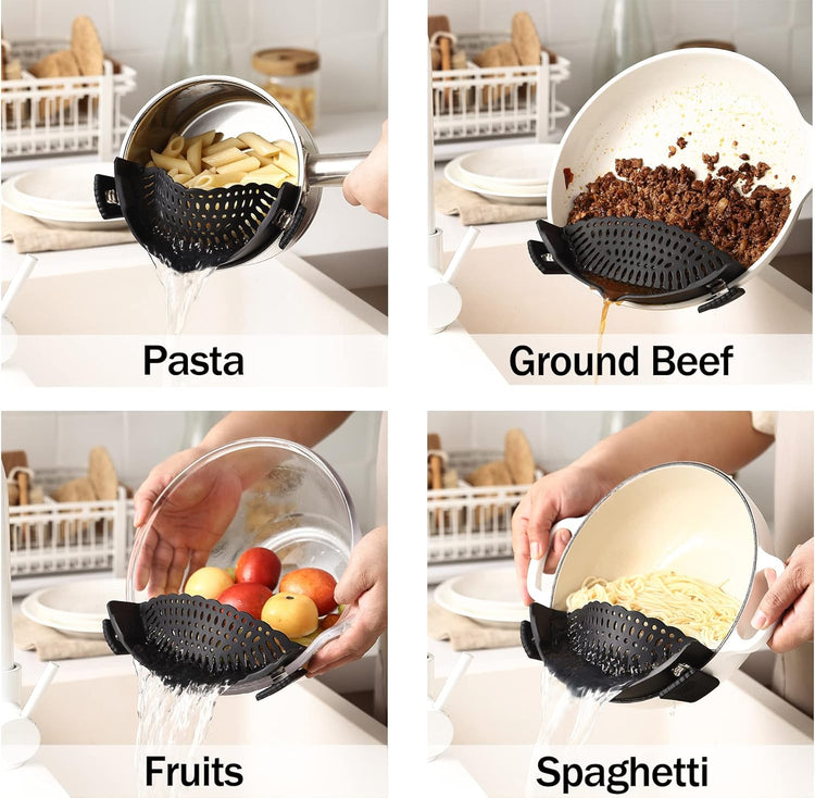 Adjustable Over the Sink Colander Strainer, Silicone Clip On Strainer for Pots Strainers and Colanders Plastic Drainer Basket for Food Pasta Vegetables Kitchen, Extendable 14.5"-19.5", Black