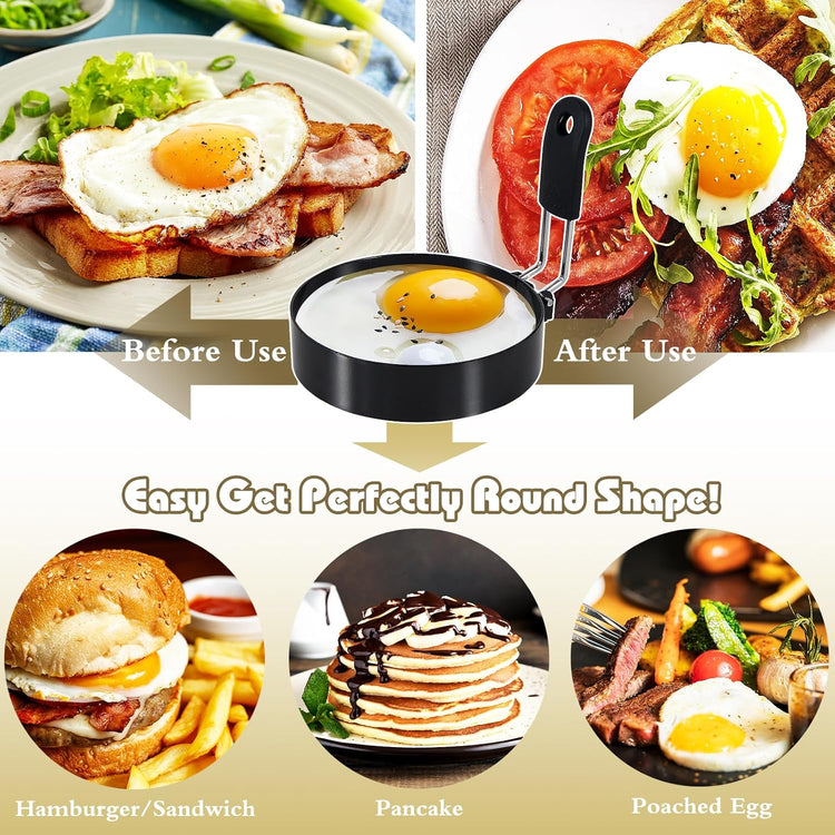 Round+Heart Egg Rings Set with Silicone Handle, Stainless Steel Egg Cooking Rings,Nonstick,For Frying Eggs and Egg Mcmuffins, Egg Mold For Breakfast