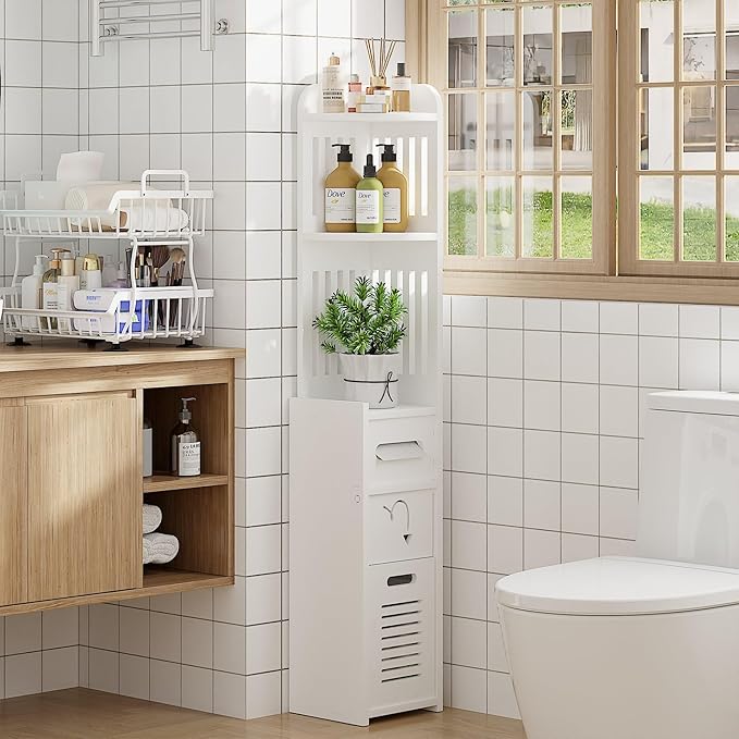 VECELO Bathroom Cabinet Corner Shelf, with Cabinet for Bathroom Narrow Space,Small Storage Organizer with Toilet Paper Roll in Restroom Waterproof Lightweight,White