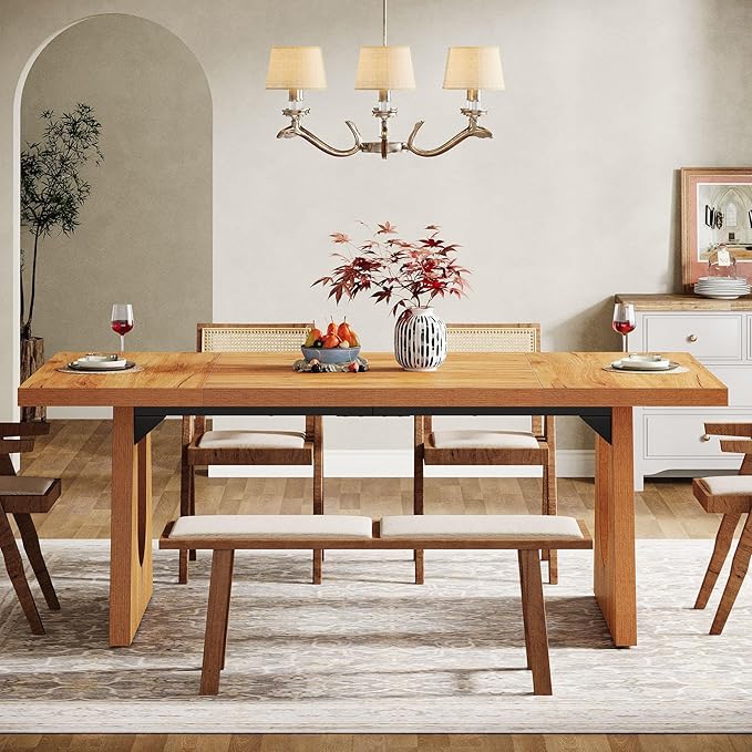 Tribesigns Large Dining Table for 6-8 People, 70.9-Inch Wood Rustic Rectangular Table with Black Wooden Legs, Farmhouse Center Kitchen Table for Dining Room, Living Room, Home Furniture (Brown)