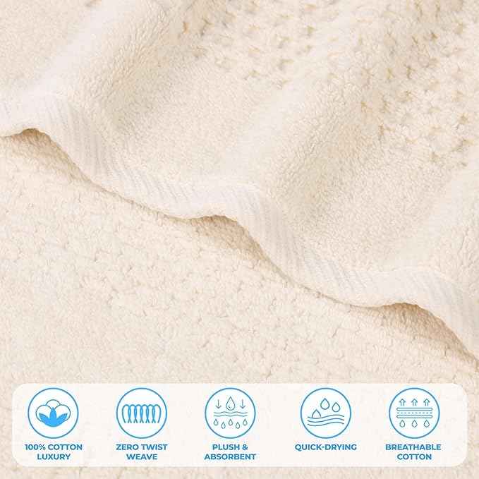 Superior Playa Zero Twist Cotton Medium Weight Towels, for Guest Bath, Bathroom, Shower, Spa, Plush, Quick Dry, Ultra-Soft Towels, Bath Essentials, Waffle Textured, Bath Towels, Set of 2, Ivory