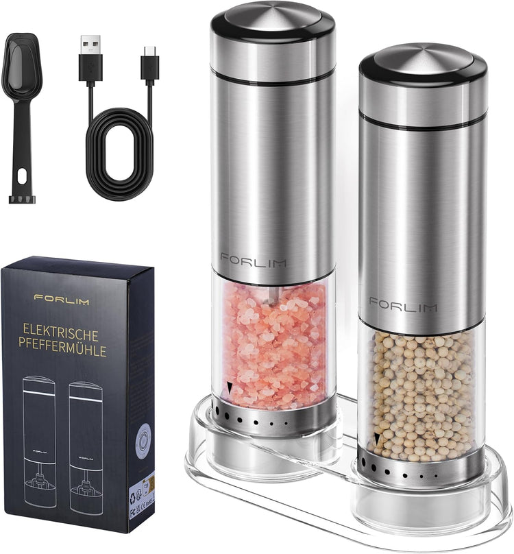 FORLIM Electric Salt and Pepper Grinder Set Rechargeable, Upgraded Washable, Automatic One-Handed Operation with LED, Adjustable Coarseness Pepper and Salt Grinder Refillable, Stainless Steel(Silver)