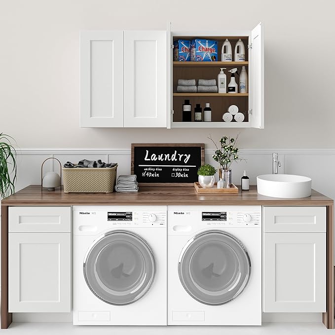 Solid Wood Laundry Room Wall Cabinets, 27 Inch Wide 12 Deep RTA Large Kitchen Storage Organizer Cabinet with 2 Shaker Doors & 2 Adjustable Shelves, Space-Saving for Bathroom, Garage - White
