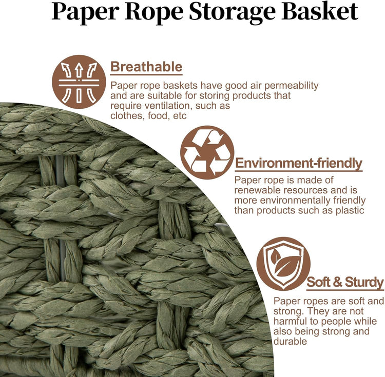 OIAHOMY Toilet Paper Baskets Handmade Paper Rope Decorative Wicker Storage Tank Shelf Cabinet Organizer for Bathroom Home, Set of 2, Green