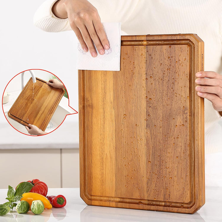 Acacia Wood Cutting Boards for Kitchen,Large Wooden Cutting Boards for Chopping Meat, Cheese, Fruits, and Vegetables,Extra Large Charcuterie Board with Handles, Juice Groove