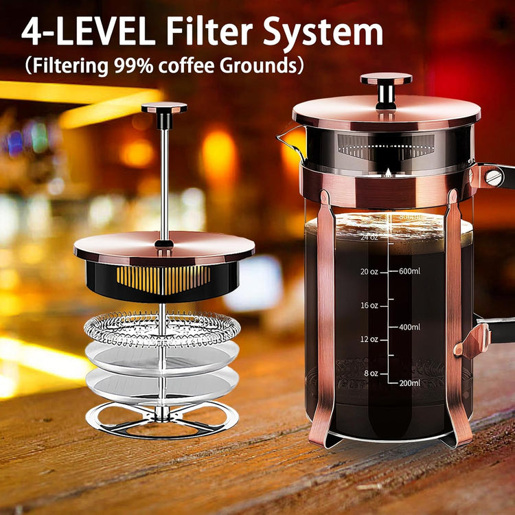 French Press Coffee Maker 304 Stainless Steel Coffee Press,with 4 Filters System, Heat Resistant Thickness Borosilicate French Press Glass, BPA-Free Brewed Tea Pot Coffee Plunger(Copper 12oz)