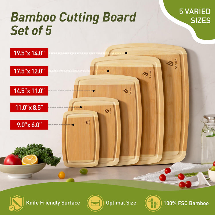 Bamboo Cutting Board Set Non Slip Feet Over Sink Eating Grilling Biard Cutboard Biard Chtting Woodcutting Cuttingboards Voard Oard Bord Dishwasher Safe 12x18 11x14 Baords Baord Veg Utting Ultimate (5 Count)