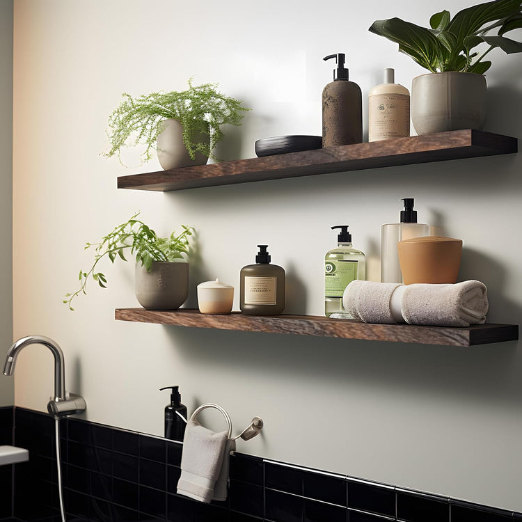 Wood Floating Shelves for Wall, Wooden Wall Shelves for Bedroom, Wall Mounted Shelves for Living Room, Set of 4 Brown 48 Inch