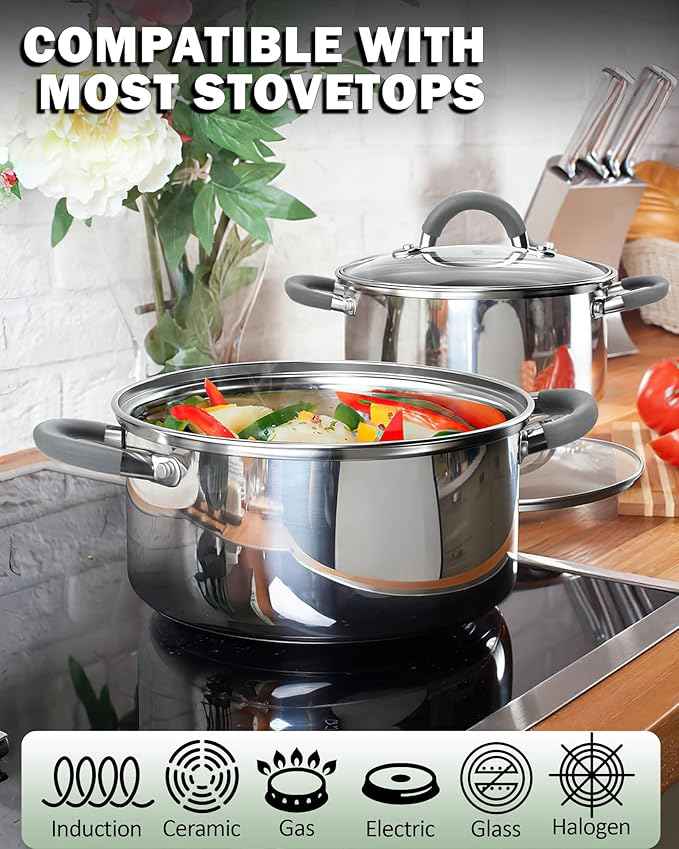 Cook N Home Stainless Steel Pot Set with Glass Lid, 6 Pieces Basics Cookware Set with Stay-Cool Silicone Handles, 1.5/3/5.5 Quarts Small Cooking Stock Pot Saucier Casserole