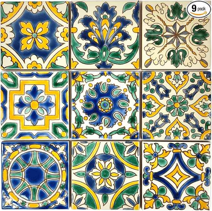 Set of 9 Decorative Ceramic Tiles – Hand Painted Indoor & Outdoor – Spanish Artisan Top Kitchen – Mediterranean Decorative Tilles 3.94x3.94 / One Tile – Durable Colorful – 140 g Each (Mediterranean)