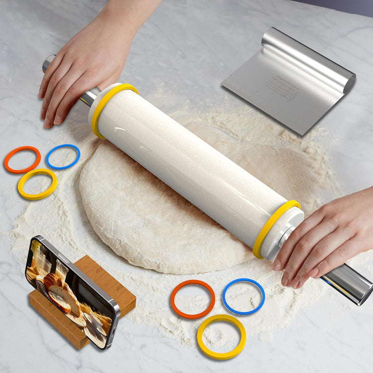 Marble Rolling Pin with Pastry Baking Mat and Stainless Steel Dough Cutter, 18.5â (Includes handle) Rolling Pin for Baking Cookie Crust Crisp Pizza with 3 Thickness Rings and Wood Stand
