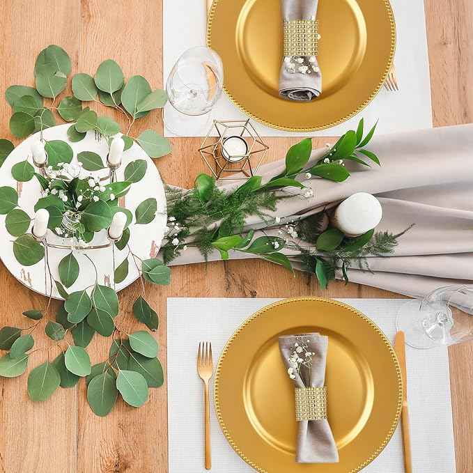 200pcs Gold Charger Plates With Napkin Rings Set Include 100 Gold Beaded Charger Plates 100 Napkin Rings, 13 Inch Plastic Round Chargers for Dinner, Wedding, Birthday, Party, Banquet, Table Setting