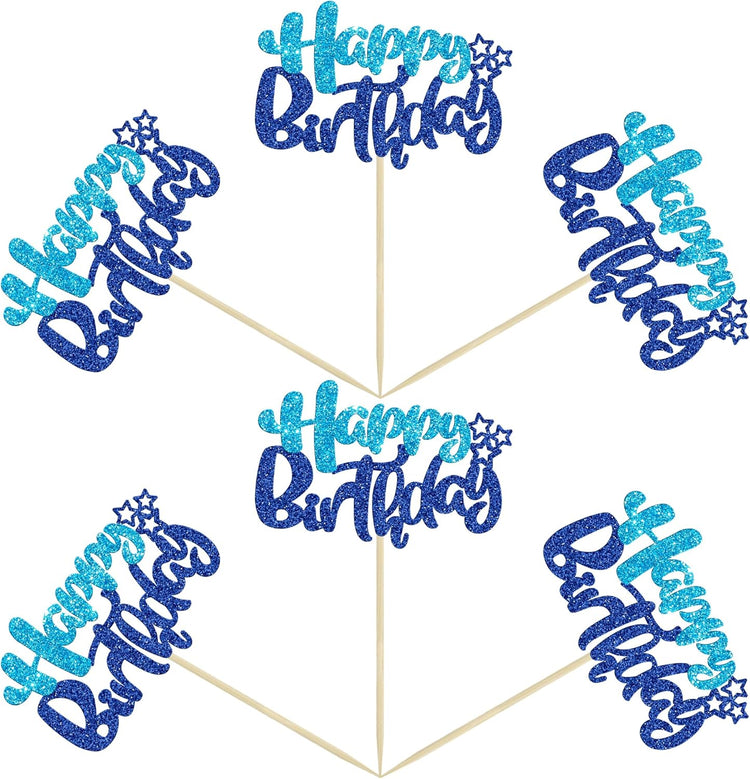 Ephlyn 24Pcs Happy Birthday Cupcake Toppers Double Layer Glitter Happy Birthday Cake Decorations for Baby Shower Theme Kids Boys Girls Birthday Anniversary Party Decorations Supplies Blue