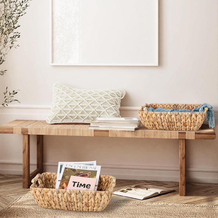 Water Hyacinth Storage Baskets with Wooden Handles,Large Wicker Baskets for Organizing Set of 2