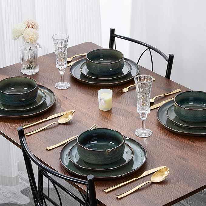 E-far 6-Piece Plates and Bowls Set, Stoneware Dinnerware Sets for 2, Ceramic Dishes Reactive Glaze Dinning Ware, Microwave & Dishwasher Safe - Obsidian Green