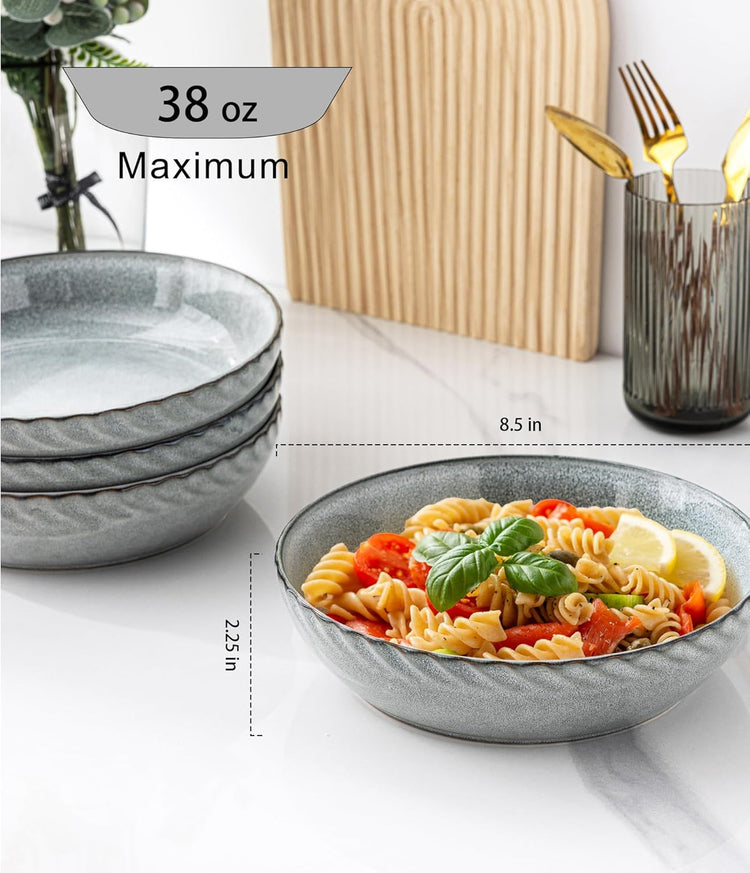 GBHOME 8.5'' Large Pasta Bowls, 38 Ounce Stoneware Salad Bowls for Kitchen, Ceramic Serving Bowls With Textured Pattern for Pasta,Fruit, Stews,Noodle, House-warming Gift,Set of 4