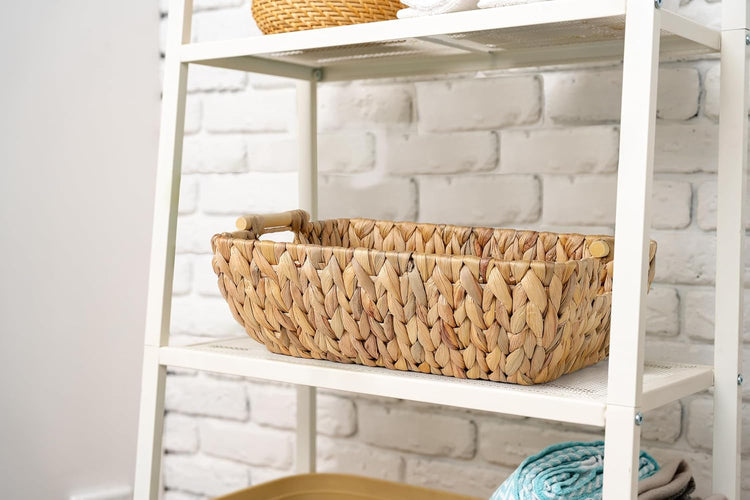 Water Hyacinth Storage Baskets with Wooden Handles,Large Wicker Baskets for Organizing Set of 2