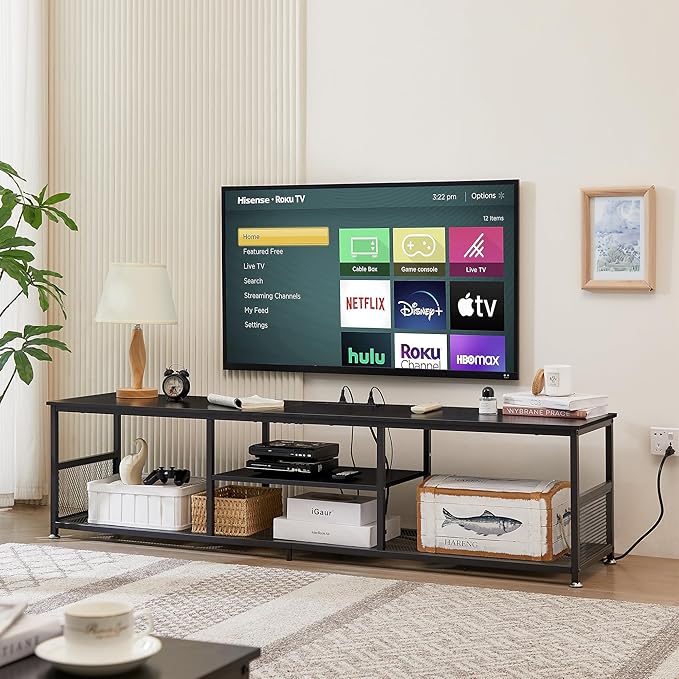 VECELO TV Stand with Power Outlets for Televisions up to 80Inch, 70" Media Entertainment Center with Charging Station 3-Tier Open Storage Shelves with Metal Frame for Living Room/Bedroom,Black