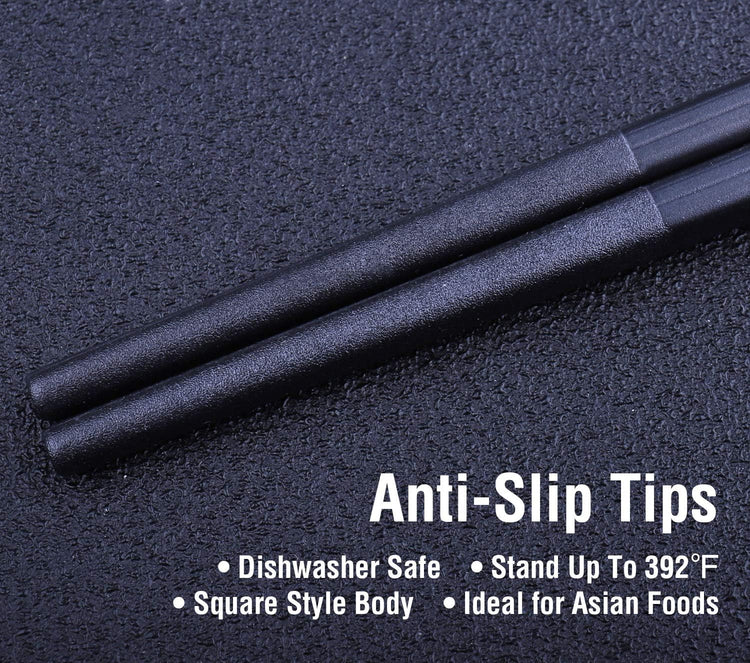 5 Pairs Fiberglass Chopsticks, GLAMFIELDS Reusable Japanese Chinese Chop sticks Dishwasher Safe, Non-slip, 9 1/2 inches - Black with Multi-purpose Drawstring Bag Carrying Case