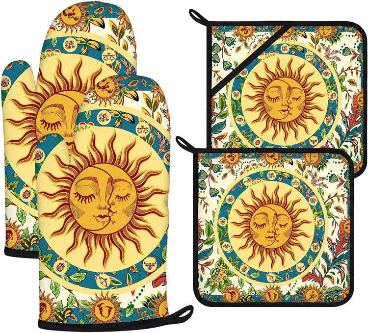Sun and Moon Oven Mitts and Pot Holders Sets 4Pcs,Extra Long Oven Gloves Potholder for Kitchen Cooking Baking BBQ 100% Cotton Heat Resistant