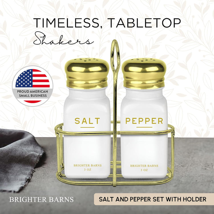 Luxury Salt and Pepper Shakers Set with Holder by Brighter Barns - Modern Kitchen Essentials, White and Gold Kitchen Accessories - Vintage Glass Shakers with Caddy for Restaurant, Airbnb (White/Gold)
