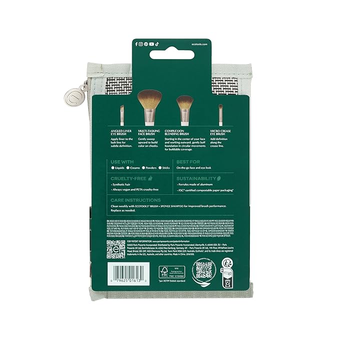 EcoTools On-The-Go Makeup Brush Kit, Travel-Friendly Brush Set, Mini-Size Makeup Tools for Powders, Blush, Bronzer, & Eyeshadows, Eco-Friendly, Synthetic Bristles, Cruelty-Free & Vegan, 5 Piece Set
