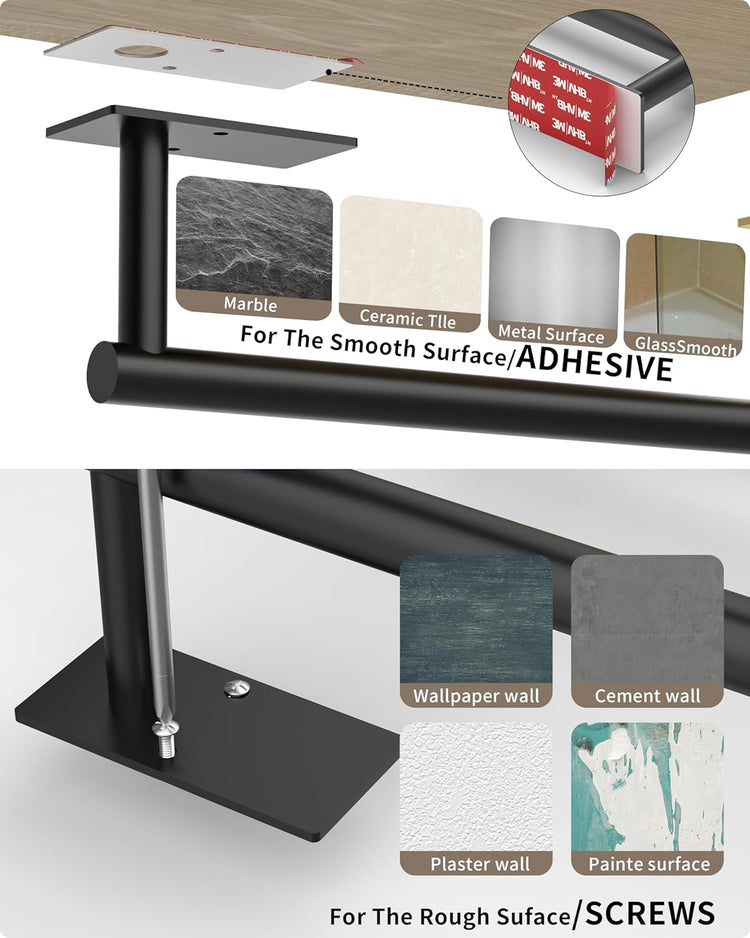 Paper Towel Holder Under Cabinet, Self Adhesive or Wall Mounted SUS304 Stainless Steel Paper Towel Holder for Kitchen, Bathroom(2 Towel Hooks, Matte Black)