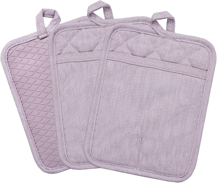 Pot Holders Yarn-Dyed Set of 3 Non Slip Silicone Kitchen Lines Heat Resistant 500℉ Kitchen Gloves BBQ Cooking Baking Cooking Barbecue Microwave Machine Washable (Purple Pot Holders)