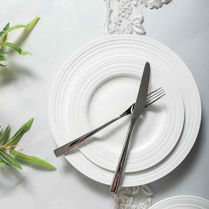 Stone Lain Eleanor Bone China 16 Piece Dinnerware, Plates and Bowls for 4, White Dish Collection with Mugs, Elegant Swirl Design, Microwave & Dishwasher Safe