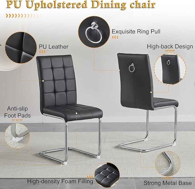 AF ARTISAN FURNITURE 5 Piece Square Glass Dining Table Set, Silver Glass Kitchen Table Set for 4 Modern Table Set with 4 Black PU Upholstered Dining Chairs, for Small Space, Breakfast Nook