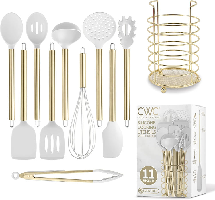 COOK WITH COLOR Silicone Cooking Utensils, Kitchen Utensil Set, Easy to Clean Silicone Kitchen Utensils, Cooking Utensils for Nonstick Cookware, Kitchen Gadgets Set with Holder, 10 Pieces
