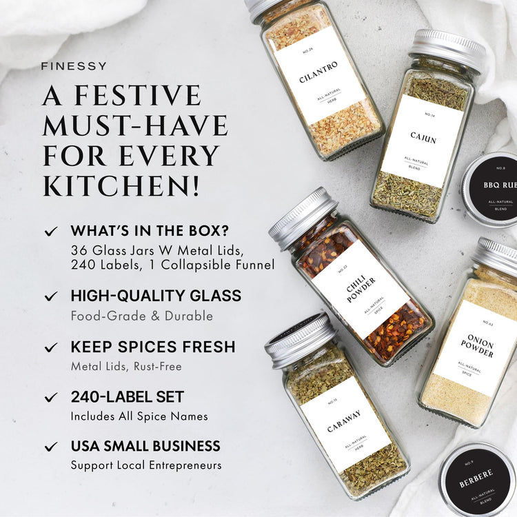 Thick Glass Spice Jars With Metal Lids And Labels (36 Count)