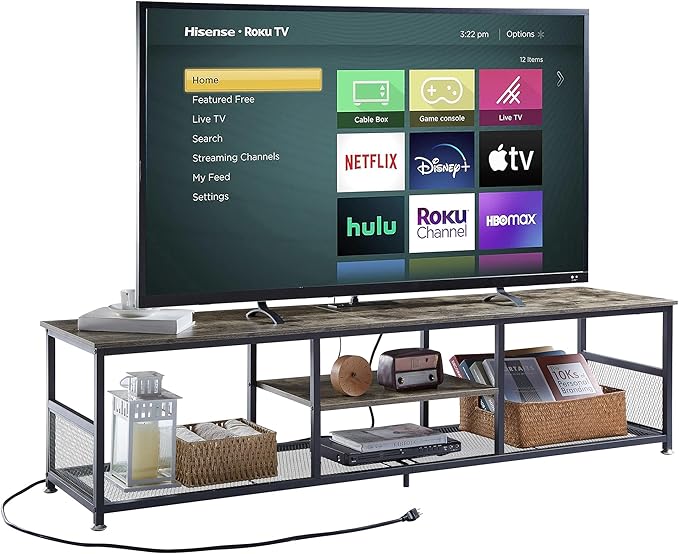 VECELO TV Stand with Power Outlets for Televisions up to 80Inch, 70" Media Entertainment Center with Charging Station 3-Tier Open Storage Shelves with Metal Frame for Living Room/Bedroom,Grey